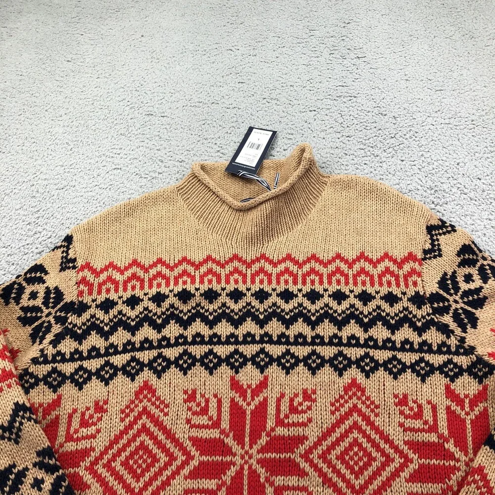 Vineyard Vines Sweater Mens Large Beige Fair Isle Snowflake Roll Neck Knit